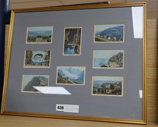 19th century Swiss School, eight coloured aquatints, Alpine views, framed as one